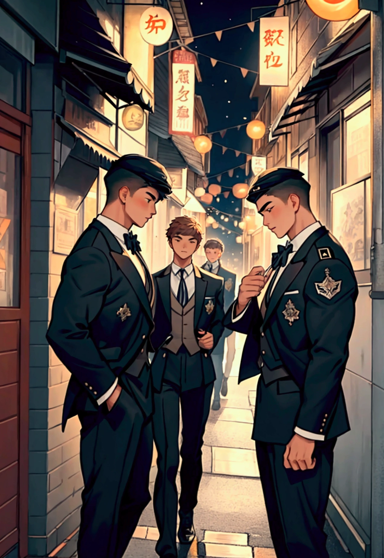 A group of four high school boys returning from club activities、Large muscular body、Midsummer、uniform、City roads、Highest quality、Perfect Face