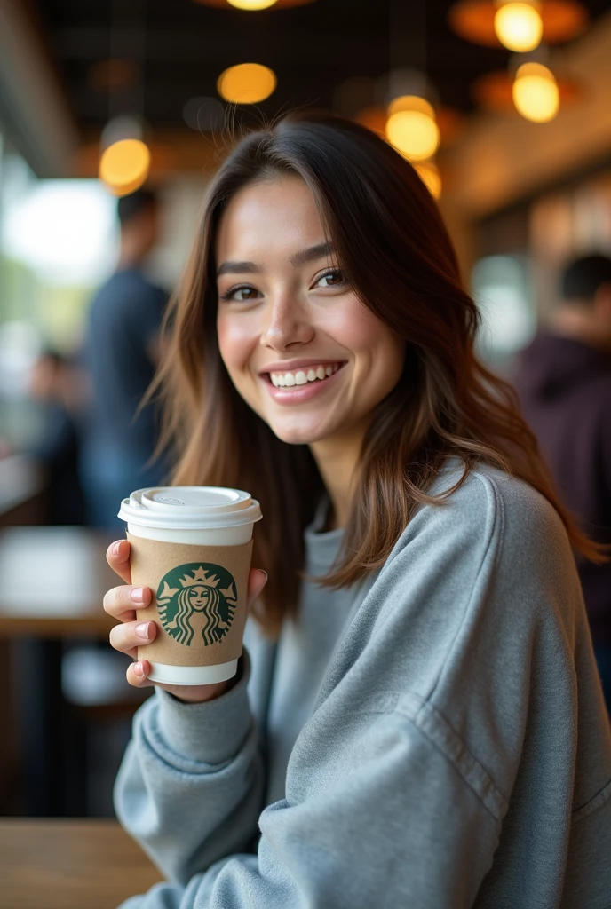 Gorgeous 20 year old girl, with straight hair, Poil long, brown-hair, Brown eyes, métis, generous chest, tenant dans sa main café, dans un starbucks, realistic, smiling, habillé avec un sweat oversize gris, espagnole, with other people, assise, post Instagram