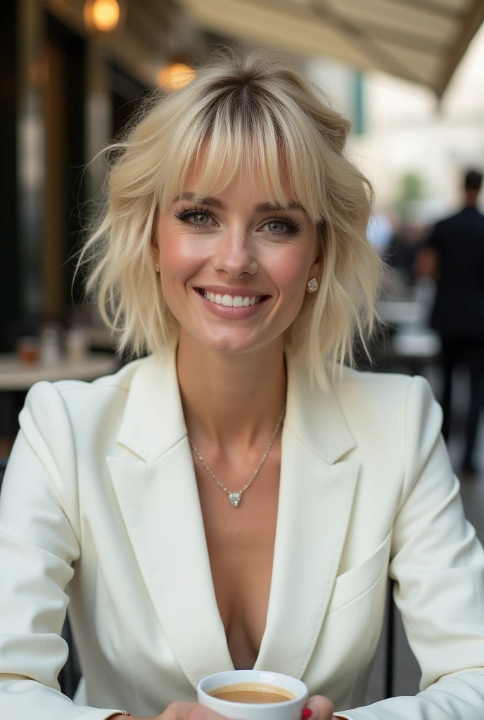 (((best qualityer))), highly detailed, high resolution. 2 female, blondie hair, clear green eyes, fleshy lips, heavy makeup in this photo, a stunning blonde woman with a shaggy hairstyle with bangs, centred in image, is captured in an outdoor Parisian cafe. Her elegant smile and delicate necklace add a touch of sophistication to the scene., while the white business suit and a cup of coffee on the table suggest a busy day ahead. The style of fashion photography, with your use of f2.5 and 100mm lens, creates an impressively detailed and creative image that is sure to inspire detail aside.