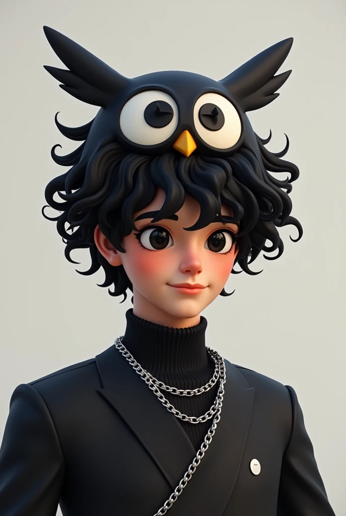 Make a male SKIN character for, of curly and black hair, with black eyes, with a slight smile on your face, an owl hat on his head, a black outfit with a silver chain around the neck, do this in the style of the logo for the YouTuber, do exactly the same as the last image you made, but with slightly darker skin