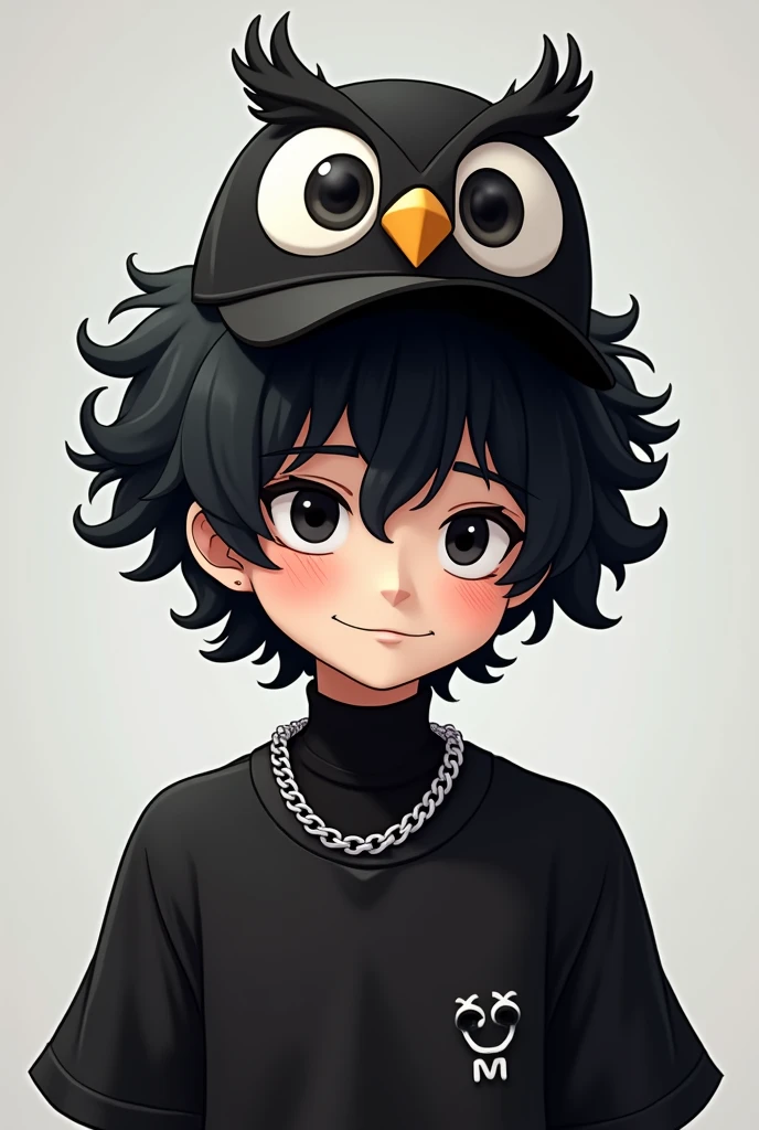 Make a male SKIN character for, of curly and black hair, with black eyes, with a slight smile on your face, an owl hat on his head, a black outfit with a silver chain around the neck, do this in the style of the logo for the YouTuber, do exactly the same as the last image you made, but with slightly darker skin 