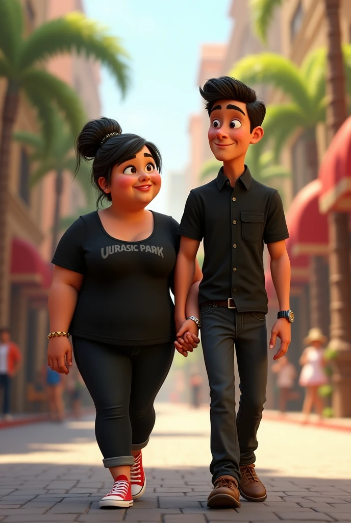 A couple arm in arm. 
She is smiling, has a robust build, wide legs, small ears, and a light complexion., wide nose big brown eyes hair in a bun and straight curtain bangs, you wore a black Jurassic Park blouse, black jeans and red converse. He is of slim build, tez morena, wide nose small eyes short dark straight hair small ears wears a formal black button down shirt and black dress pants with brown shoes, protagonists of a Disney Pixar movie digital art. Walking down a street 