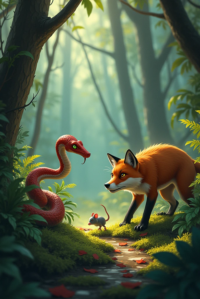 In a forest a fox was looking for food when suddenly he found a snake trying to hunt a mouse.