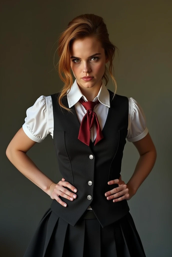 Create an extremely realistic image of Emma Watson in a sexy pose with her hands on her waist and a lascivious look, with a very tight school uniform and firm breasts