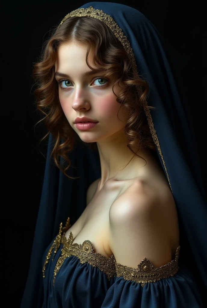 sargent painting. Photorealism、(black background!!!!!), Highest quality、Ultra-high resolution、The most beautiful!!!!! teen!!!! girl、(very extremely!!!!!! beautiful!!!!!!! highly detailed  young!!!!!!! face)、big Breasts、thin、、Translucent white!!!!! skin、 german!!!!!, Big bright blue eyes、wavy curly hair、 (body half in shadow!!!!!!), ( beautiful detailed gown!!!!! with golden details), (beautiful detailed dark!!!!!_blue!!!! veil!!!!!! over head with golden details), (bright topdown!!!!!! light!!!!!), (dark shades!!!!!!), contrapposto!!!!!!!!!!!!!!!!!, (receding into the dark!!!!!!!!!!!!), classical # Persephone # ancient greek goddess, greek # perfect woman, halfgirl, halfbody