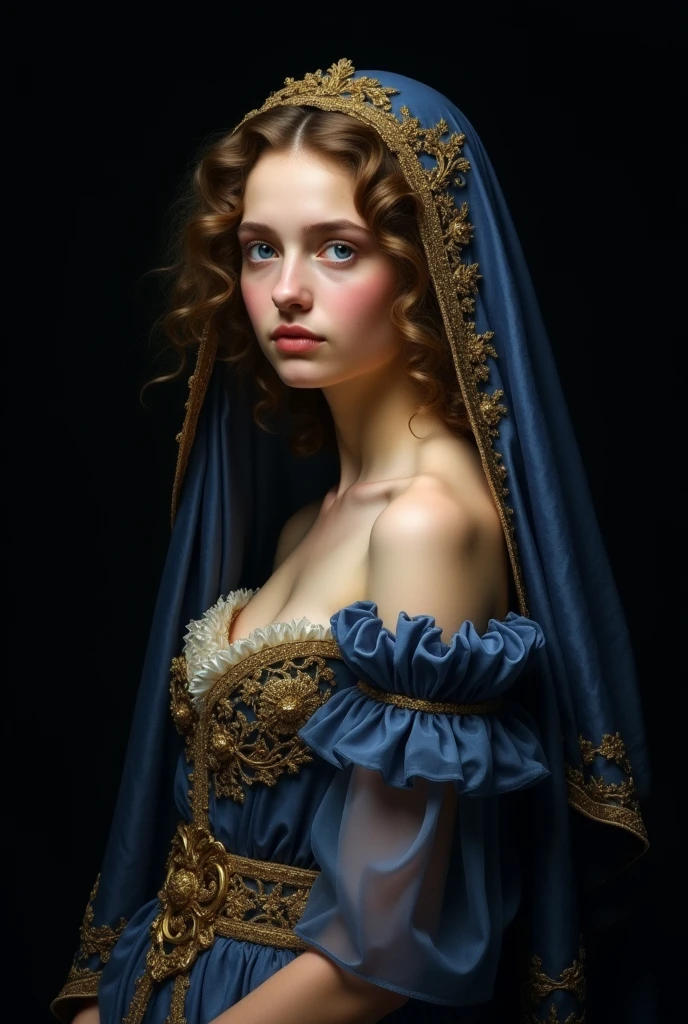 sargent painting. Photorealism、(black background!!!!!), Highest quality、Ultra-high resolution、The most beautiful!!!!! girl、(very extremely!!!!!! beautiful!!!!!!! highly detailed young face)、medium size 、thin、、Translucent white!!!!! skin、 german!!!!!, Big bright blue eyes、wavy curly hair、 (body half in shadow!!!!!!), ( beautiful detailed gown!!!!! with golden details), (beautiful detailed dark!!!!!_blue!!!! veil!!!!!! over head with golden details), (bright topdown!!!!!! light!!!!!), (dark shades!!!!!!), contrapposto!!!!!!!!!!!!!!!!!, (receding into the dark!!!!!!!!!!!!), classical # Persephone # ancient greek goddess, greek # perfect woman, halfgirl, halfbody