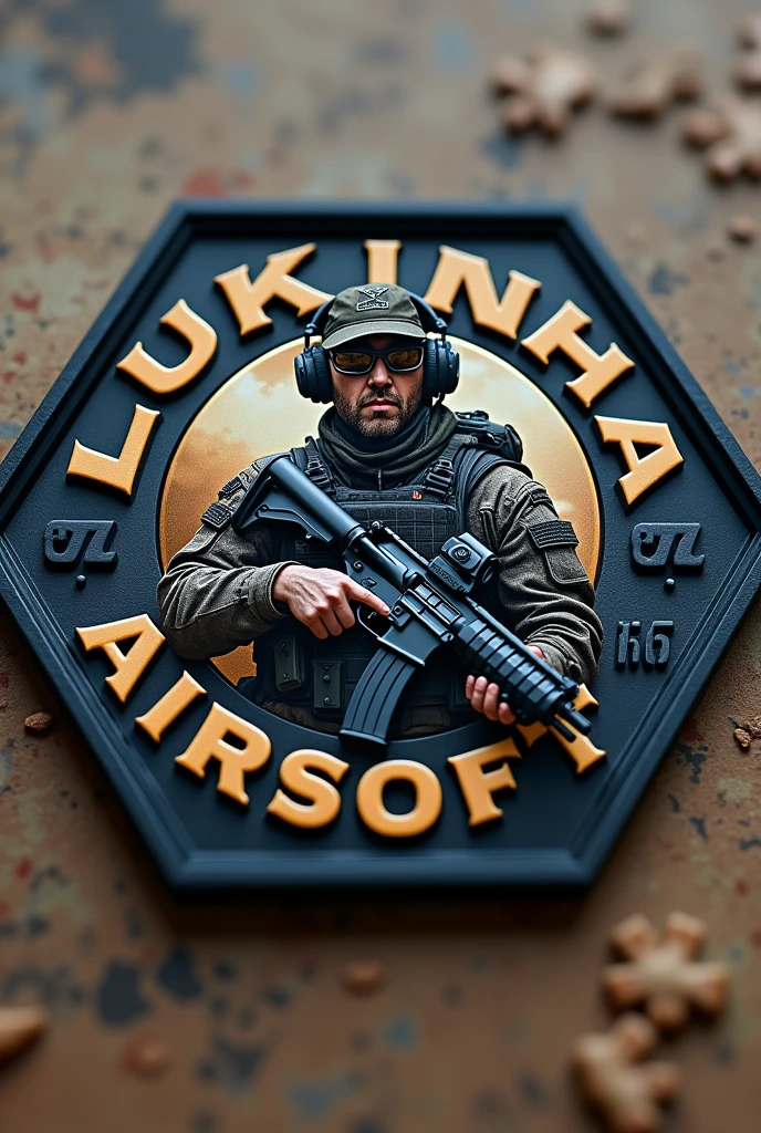 Create Hexagonal Rubber Patch, military coat of arms with an operator carrying an m4 rifle wearing a cap and headphones in the center and the name Lukinha Airsoft