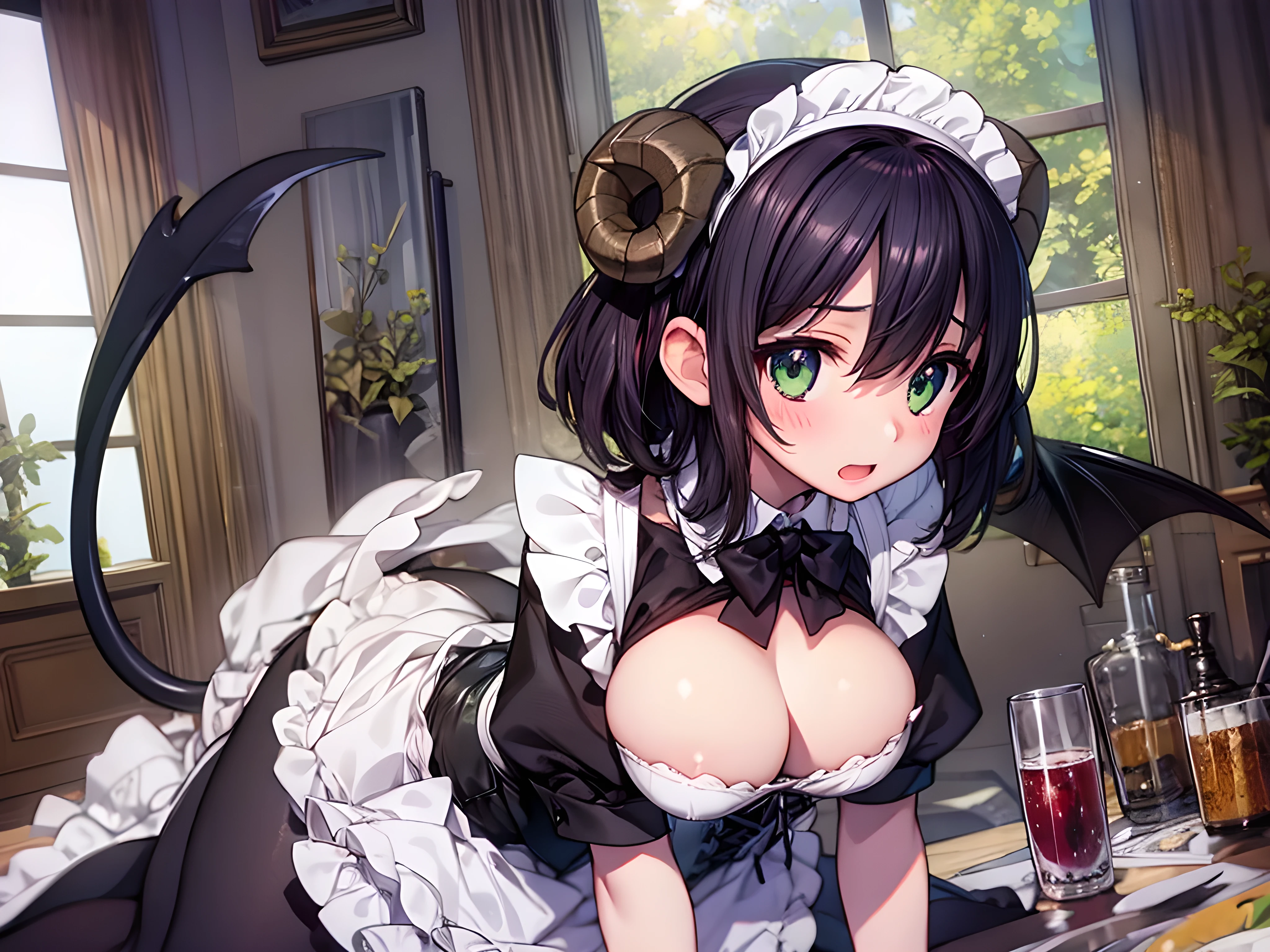 sharp sketch,((masterpiece)),((ultra detailed 8K CG)),(photo realistic:1.3),(perfect anatomy:1.6),(beautiful detailed medium black hair,hair ribbons),((kawaii)), (((cute))), (lovely), sexy, (((erotic))),(torogao,aroused,open mouth),dutch angle,(kind anime eyes:1.5),((beautiful shiny green eyes)),((perfect anatomy)),((maid headband,sheep horns,demon wings behind girl,devil tail)),1 girl,(big breasts:1.3),(leaning forward:0.9),(perfect hands,living room,windows,sunlight),((maid costumes,corset,maid miniskirt)),(shiny legwear),chichibukuro,mesugao