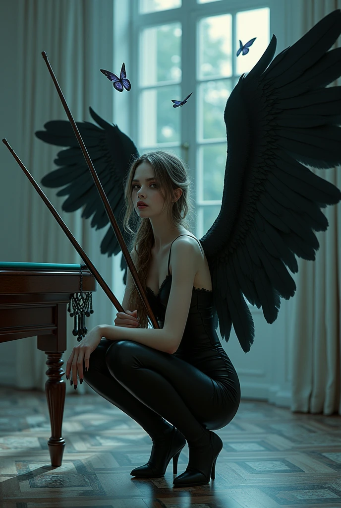 full glossy, full body,porcelain, Beautiful winged gothic women holding billiard sticks while squatting in front of a living room with a mirror dimension and flying butterflies and beside it there is a billiard table , dark background with droste silencer style