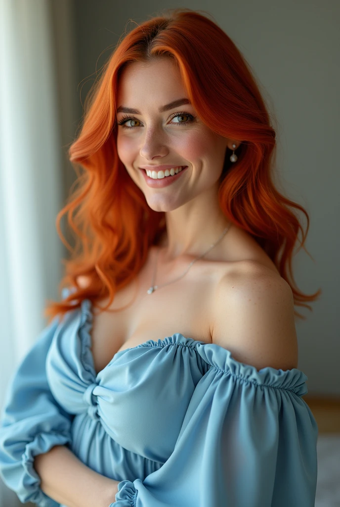 Make me a smiling woman with big breasts and red hair with a light blue dress that is super realistic in the photo