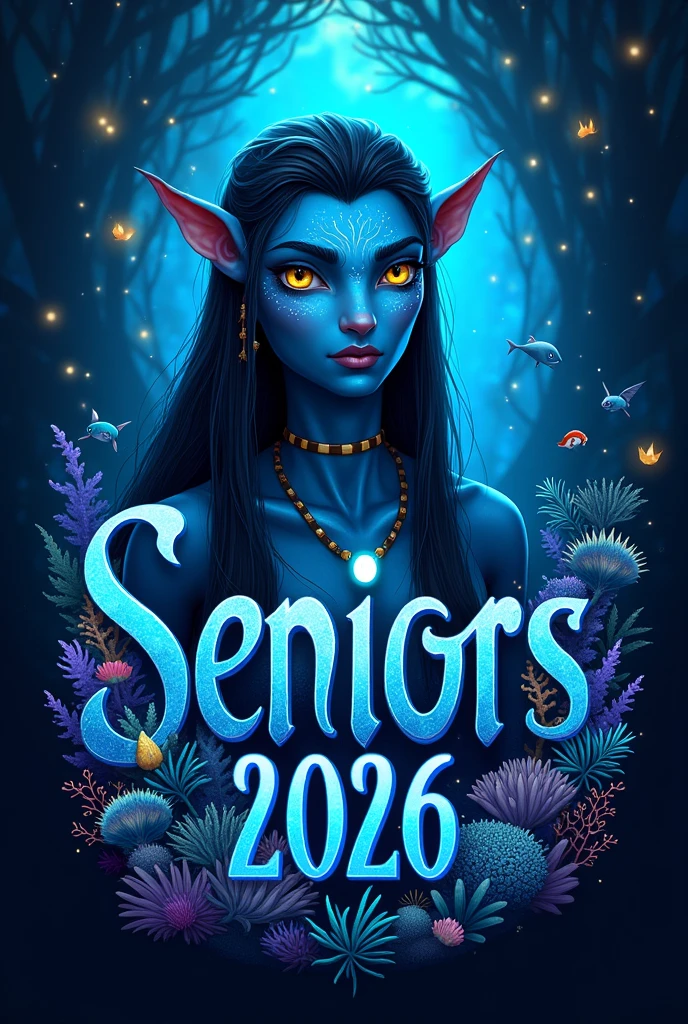 Make a logo  “ Seniors 2026 ” with a pandora from avatar theme and deep ocean too. make every letter of the word SENIORS a diffrent thing or animal design