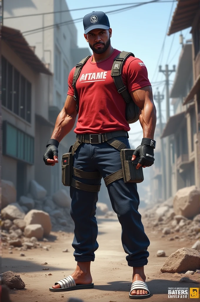 FREE FIRE CHARACTER FOR MALE, dark blue hat, RED TEAM SHIRT, dark blue pants, white sandal