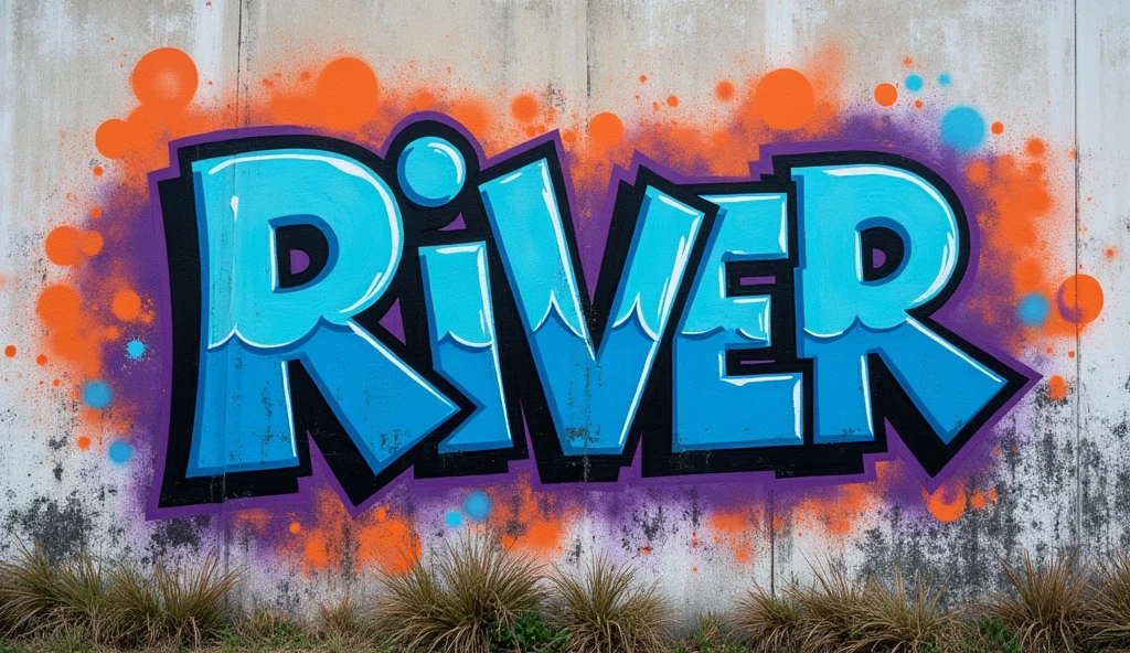 A BLUE GRAFFITI, orange, violet, white , ghetto style, on a WALL with the text "EXPLODING OVER THE RIVER"
