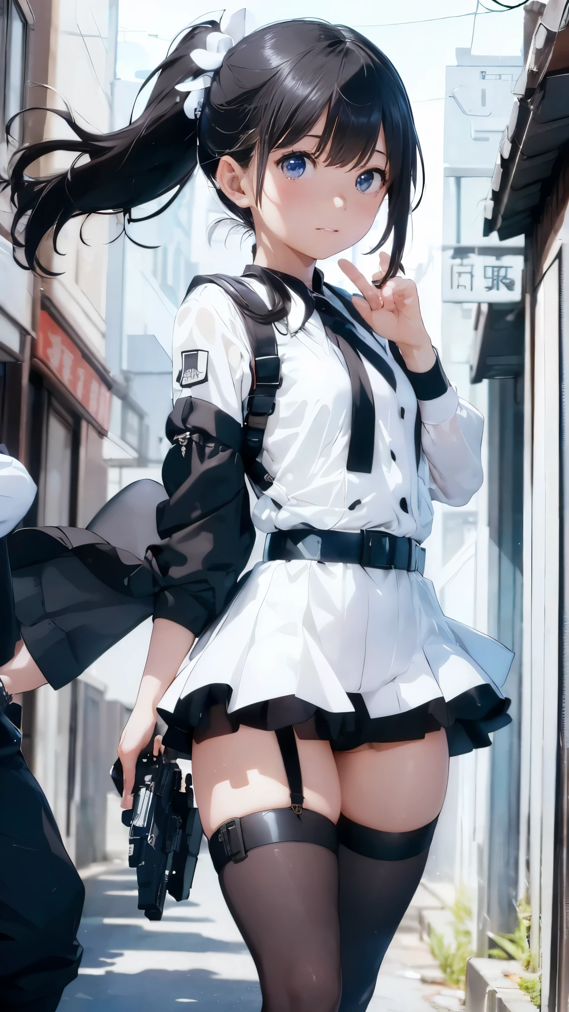 high resolution、High definition、High sensitivity、8k.Japanese、、1、cute、Idol face、Two Side Up Hair、slender、Mid-chest、(black and white high leg bodysuit:1.2)、See-through、Harness Belt、Gun Holder、（POLICE armband:1.3)、Firing a pistol、bustling street、