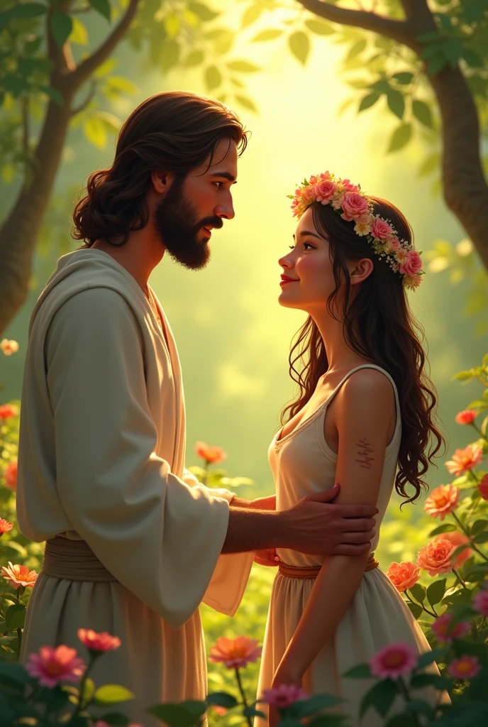 Jesus with a girl in a forest in summer, The girl showing Jesus her scars and Jesus with a phrase "I DO LOVE YOU" in Spanish above Jesus, On the head of the nila a crown of flowers, with a background with flowers and pixar style