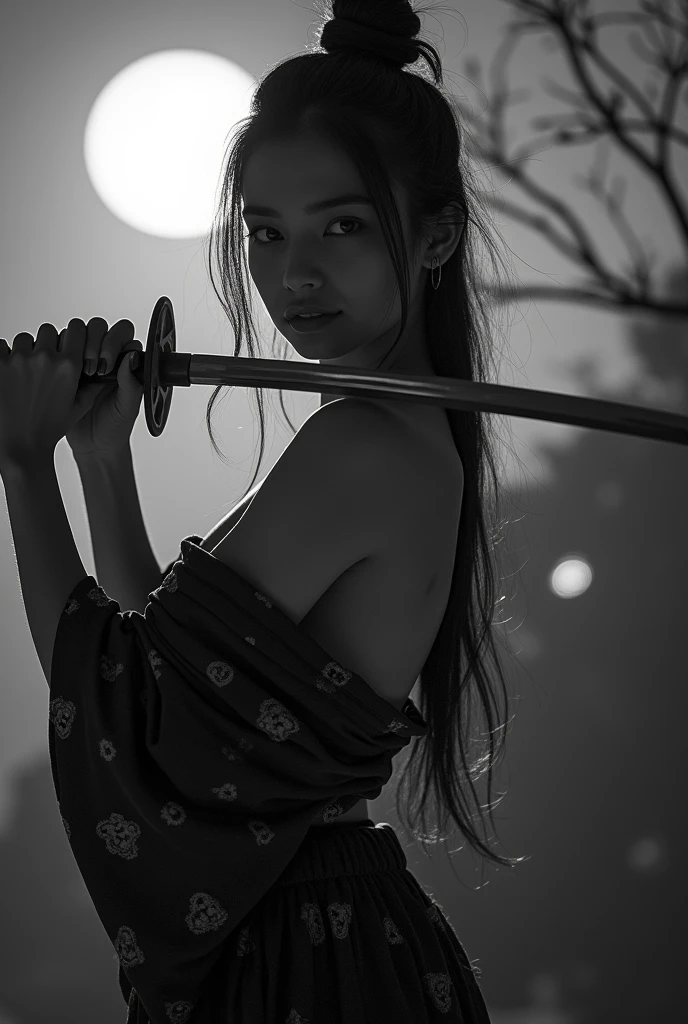 Black and White　Japanese sword　beauty　Gal　Moonlit Night　photograph　Change of clothes　Big Breasts　Emphasize the chest
