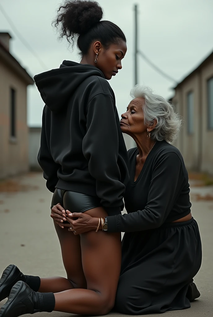 black woman hair in a bun black hoodie black leather short shorts a old grandma in a dress on her knees kissing her ass behind her squeezing her butt