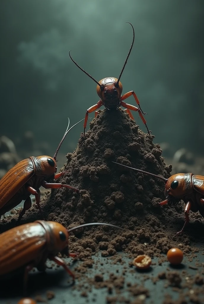 Create a horror image where 3 decapitated cockroach bodies want to approach a single cockroach head that is on a hill or mound of bodies of other dead cockroaches.