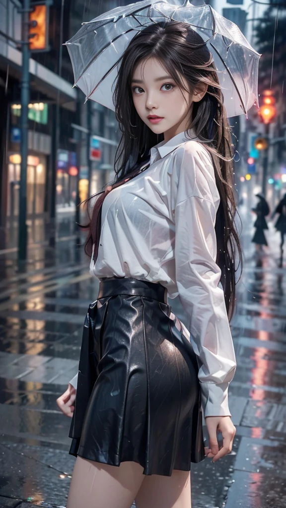ulzzang-6500-v1.1, (RAW photo: 1.2), (Real photo), (Real photo: 1.4), 1 girl、Perfect anatomy、1、Looking at the camera、Medium length hair, pigtails on both sides, Wet hair in the rain, soaked skirt, no umbrella, walking on the street, ((on the street without a single person, in the rain under the cold night sky: 1.2)), (Wet clothes: 1.2), (Business service)、Asian eyes Ella,