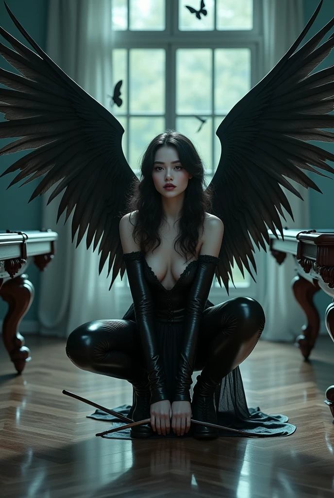 full glossy, full body,porcelain, Beautiful winged gothic women holding billiard sticks while squatting in front of a living room with a mirror dimension and flying butterflies and beside it there is a billiard table , dark background with droste silencer style