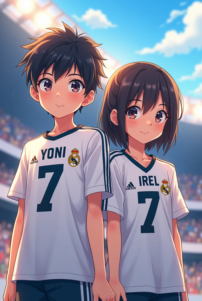 An image of an anime girl and boy wearing a Real Madrid shirt with names Yoni and Irel on the shirt with the number 7 on the back