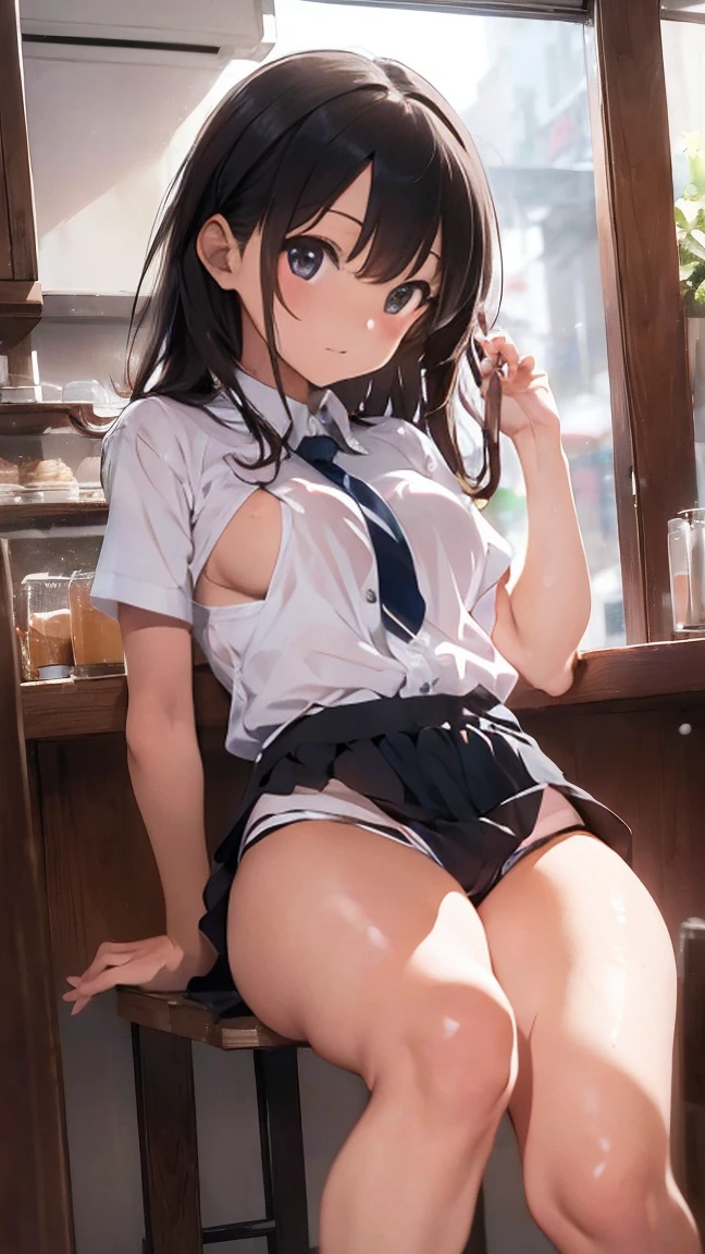 ((Highest quality)), (detailed), Perfect Face、((Highest quality)), (detailed), Perfect Face、Work as a manager at a popular cafe, 3、In a café in the daytime, ((Stand and show)), Spread your legs, ブラウス, ID card hanging from neck, Take off your black panties、　Holding the panties you took off in your hands、Angle from the front、((She has panties、Showing it to me。:1.5))、((Erect nipples: 1.1)), ((　Small breasts :1.5　)), ((Small round areola :1.3, ライトピンク:1.3 )), (((スカートめくり, ズボンがない, Genitals are visible))), ((masterpiece)), ((masterpiece))