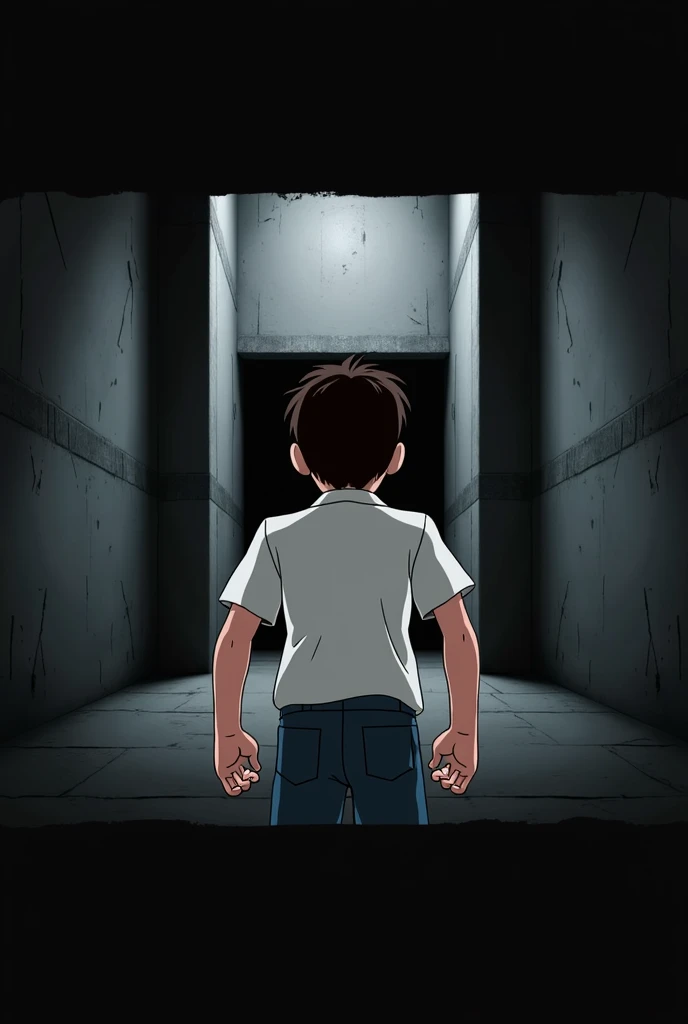 scared boy with his back turned with a surprised pose, He is in front of a wall (It's a dead end). (animated)
