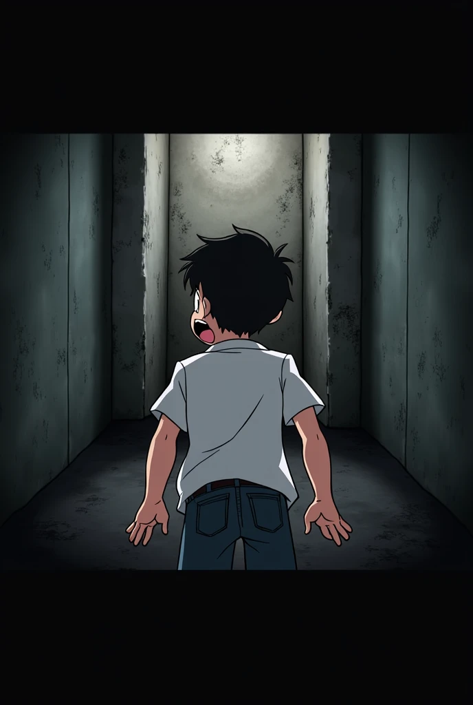 scared boy with his back turned with a surprised pose, He is in front of a wall (It's a dead end). (animated)