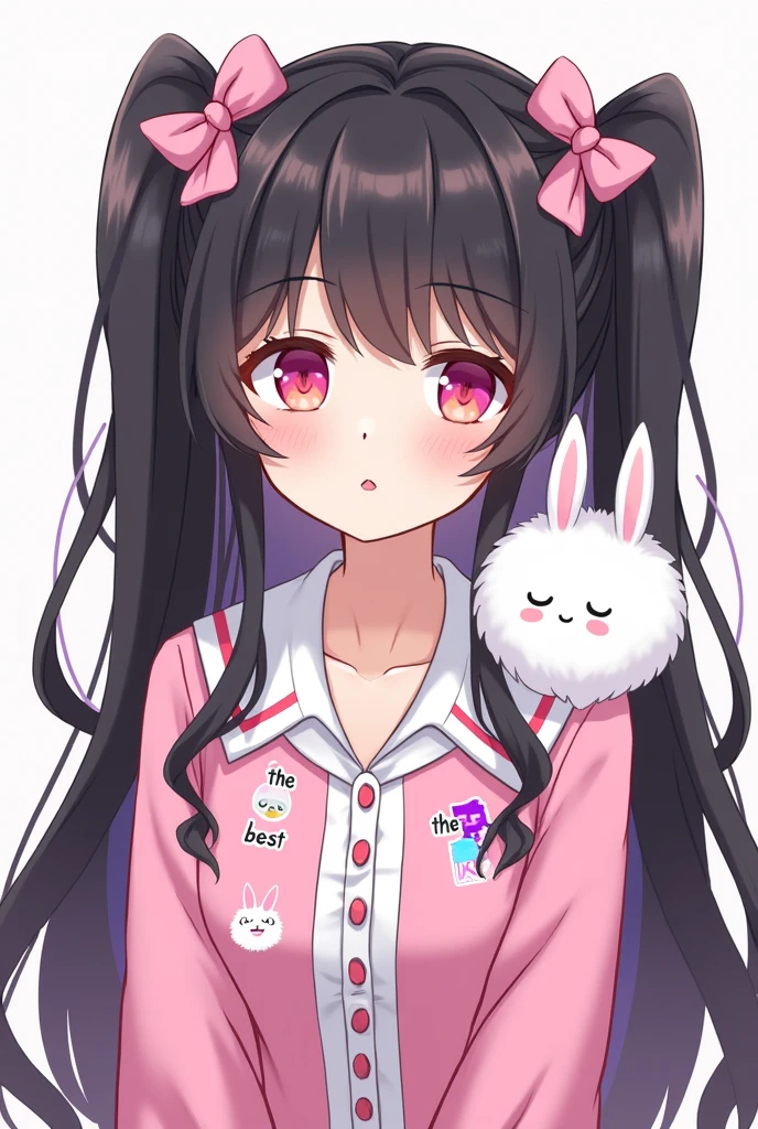 anime with long black hair, with 2 pink bows on the head, pink details, with a fluffy white rabbit on his shoulder, write stickers of the best on the shirt, and below are stickers of the best writing @stickersdaManu