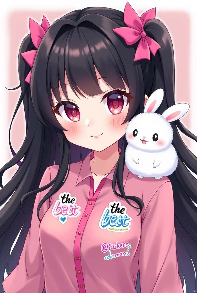anime with long black hair, with 2 pink bows on the head, pink details, with a fluffy white rabbit on his shoulder, write stickers of the best on the shirt, and below are stickers of the best writing @stickersdaManu
