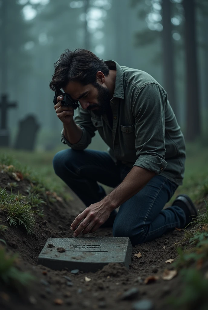 Brunette-bearded man holding a gun to his head on the grave, crying and shooting his head
