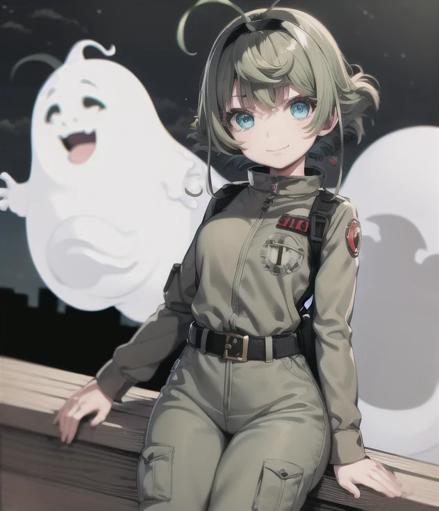 (ghostbuster uniform), khaki, takahara ayumi, hairband, wide hips short hair, large breasts, school, night, smile, 1girl, solo, 