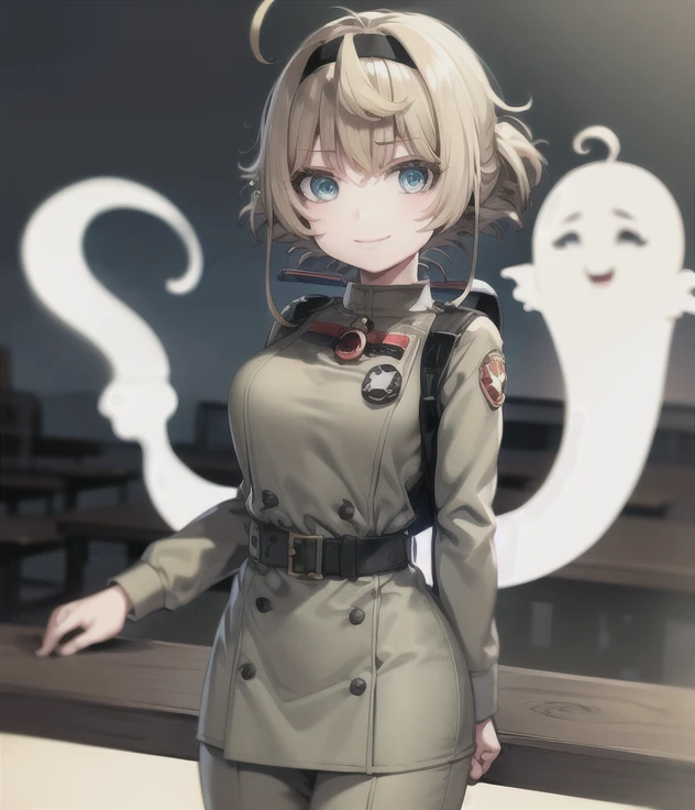 (ghostbuster uniform), khaki, takahara ayumi, hairband, wide hips short hair, large breasts, school, night, smile, 1girl, solo, 