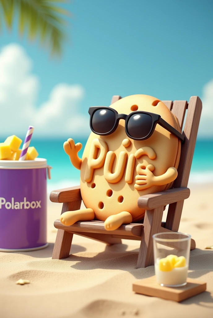A super thin cookie sitting on the beach in a chair, The cookie has baked in letters says Puig, It is a thin cookie with little holes and a decorated baked circle., the cookie has sunglasses, There is a glass of milk next to him, The glass of milk is decorated with pineapple pieces, and has a purple cooler or cooler next to it and has polarbox written in white letters