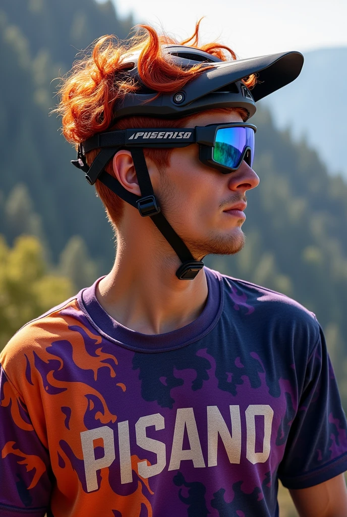 create a profile picture of a downhill mountain bike rider a freerider I want the picture to be from the front of his profile with futuristic glasses, he doesn't have a helmet on his head but he has fiery red hair, with on his t-shirt written pisano with flames and purple and orange