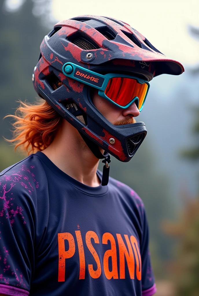 create a profile picture of a downhill mountain bike rider a freerider I want the picture to be from the front of his profile with futuristic glasses, he doesn&#39;t have a helmet on his head but he has fiery red hair, with on his t-shirt written pisano with flames and purple and orange 