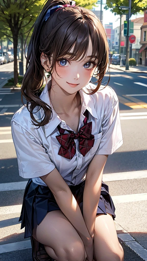 (masterpiece:1.2, Highest quality), (Realistic, photoRealistic:1.4), Beautiful illustrations, (Natural Side Lighting, Cinema Lighting), Depth of written boundary,
View your viewers, Upper Body, Face close-up, Front view, 1 person, , (Perfect Anatomy, Anatomically correct, Highly detailed skin), Cute and symmetrical face, Perfect Face, Perfect Eyes,
(Mid-length hair, Side Ponytail:1.5, Light brown hair), Swept-apart bangs, blue eyes, Big eyes, Long eyelashes, (Medium chest, thigh), Perfect body, Glowing Skin,
Beautiful detailed hair, Beautifully detailed face, Beautiful attention to detail, Beautiful clavicle, Beautiful body, Beautiful breasts, beautiful thigh, Beautiful feet, Beautiful fingers,
(Detailed cloth texture, break short sleeve white collared shirt, break navy pleated skirt, break dark red bow tie), break
(Beautiful views), (Tree-lined street:1.2), squat, (Cute smile, Open your mouth),