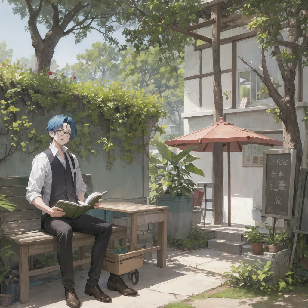 garden、Under the big tree、A man with long, blue hair and glasses reading a book is sitting on a bench.、Hair blowing in the wind、Surprised face