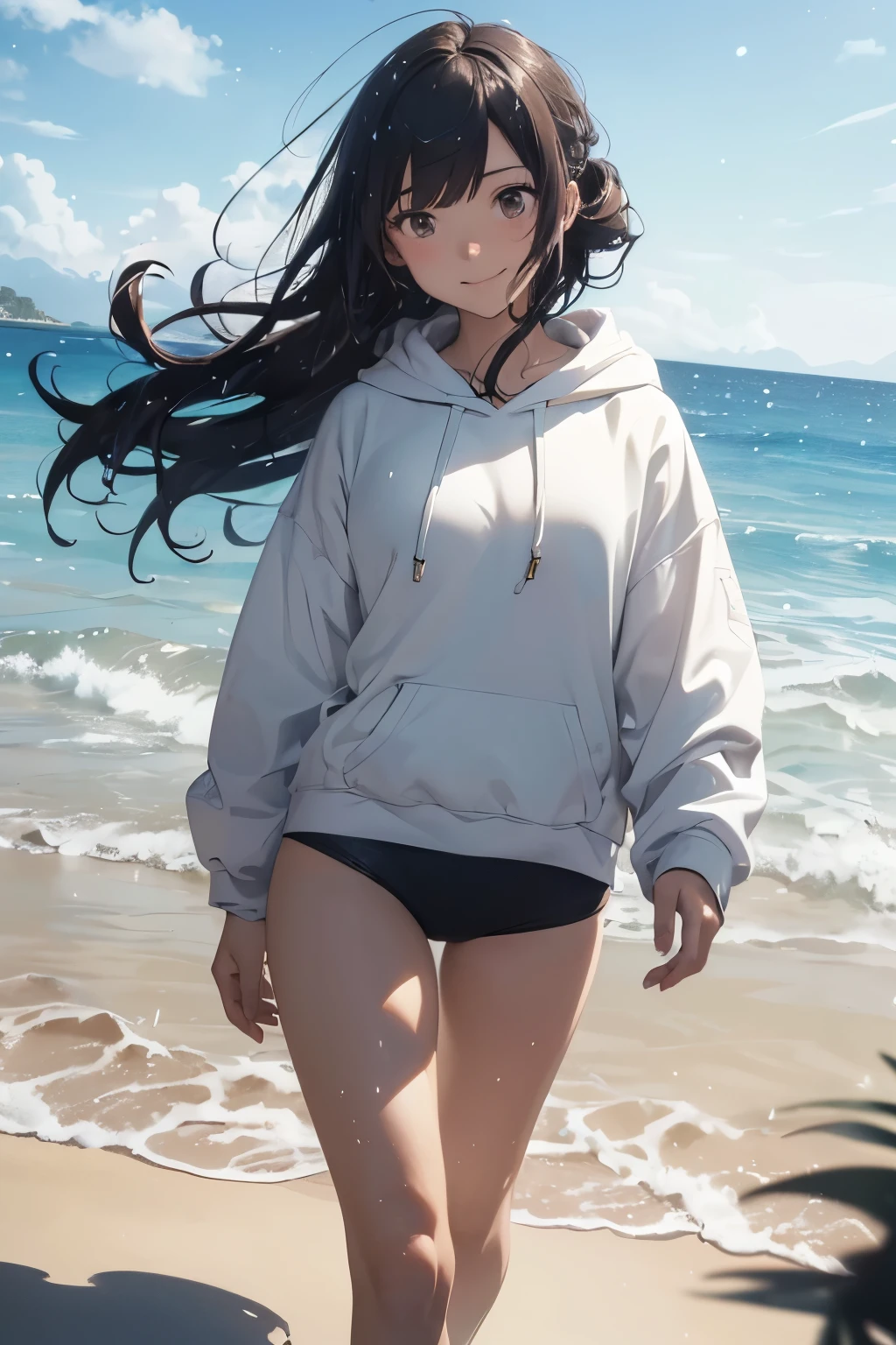 (masutepiece), (Best Quality), hyper detailed illustration，beautiful artwork，(Extreme Detail CG Unity 8K wallpaper、​masterpiece、top-quality)、(exquisite lighting and shadow、highly dramatic picture、cinematic lens effects)、One girl in white hoodie and school swimsuit standing beach, black long haired girl wearing hoodie, Wet，(Evil smile)，Brown eyes，(Tsurime)，(straggling hair)，Saw，(Wet)，poneyTail，(on the beach)，beach side，(light sparkles)，(light particles)，(strong light coming in)，(twist waist:1.1)，(head tilt)，(from behind:1.2)，(walking on the beach:1.2)，