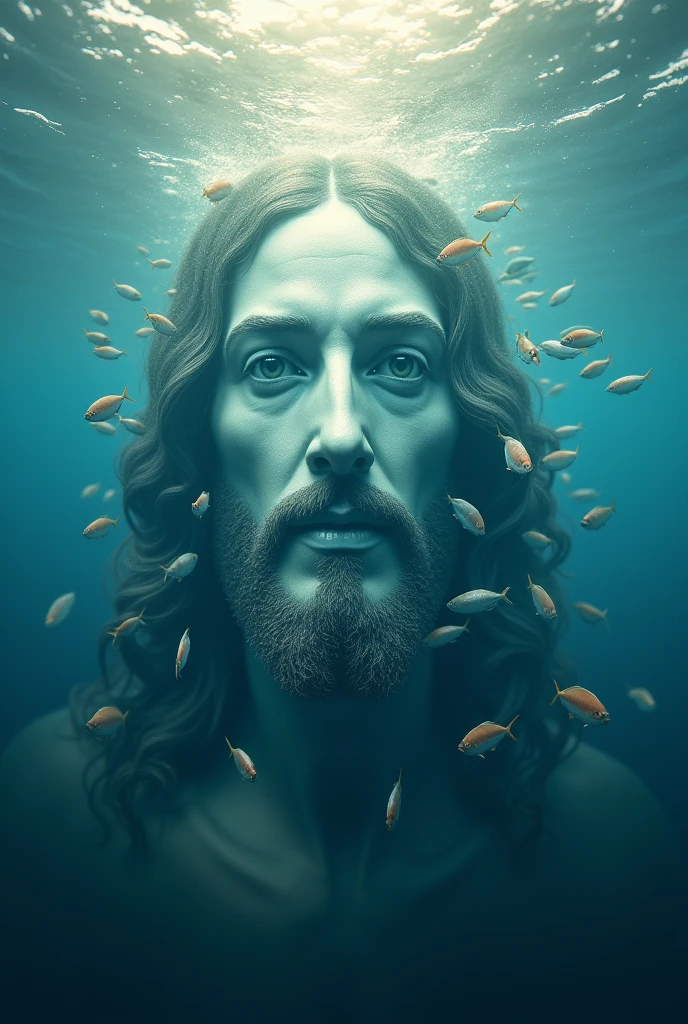 Make me an image of several fish in the sea forming the image of Jesus Christ , but you will only see it if you close your eyes slightly 