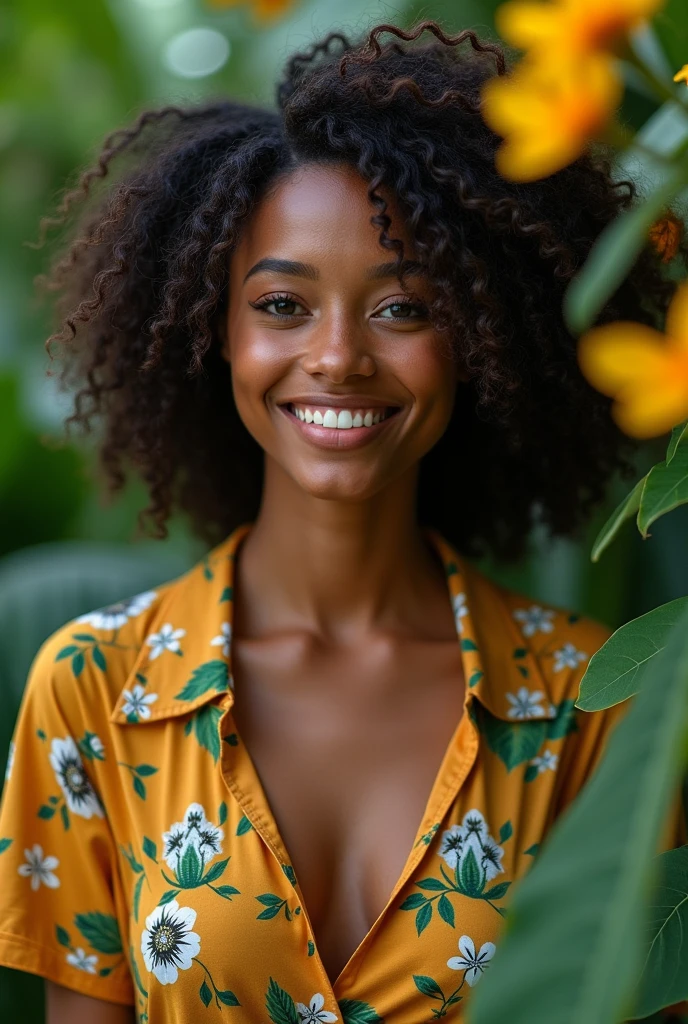 A Brazilian woman in a lush tropical garden, wearing an open shirt with a floral print, with a close-up capturing the harmonious beauty between her breasts and the natural flowers, showing off your natural charm and outgoing personality.