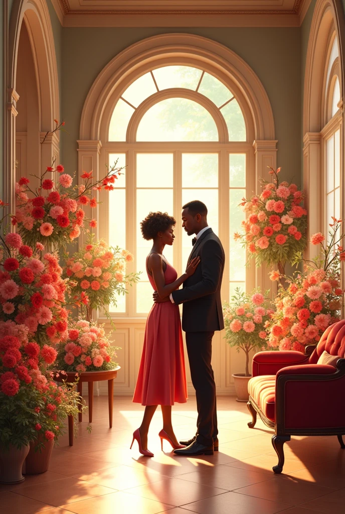 Generate an image prompt of a black man and woman decorating a nice interior hall with flowers