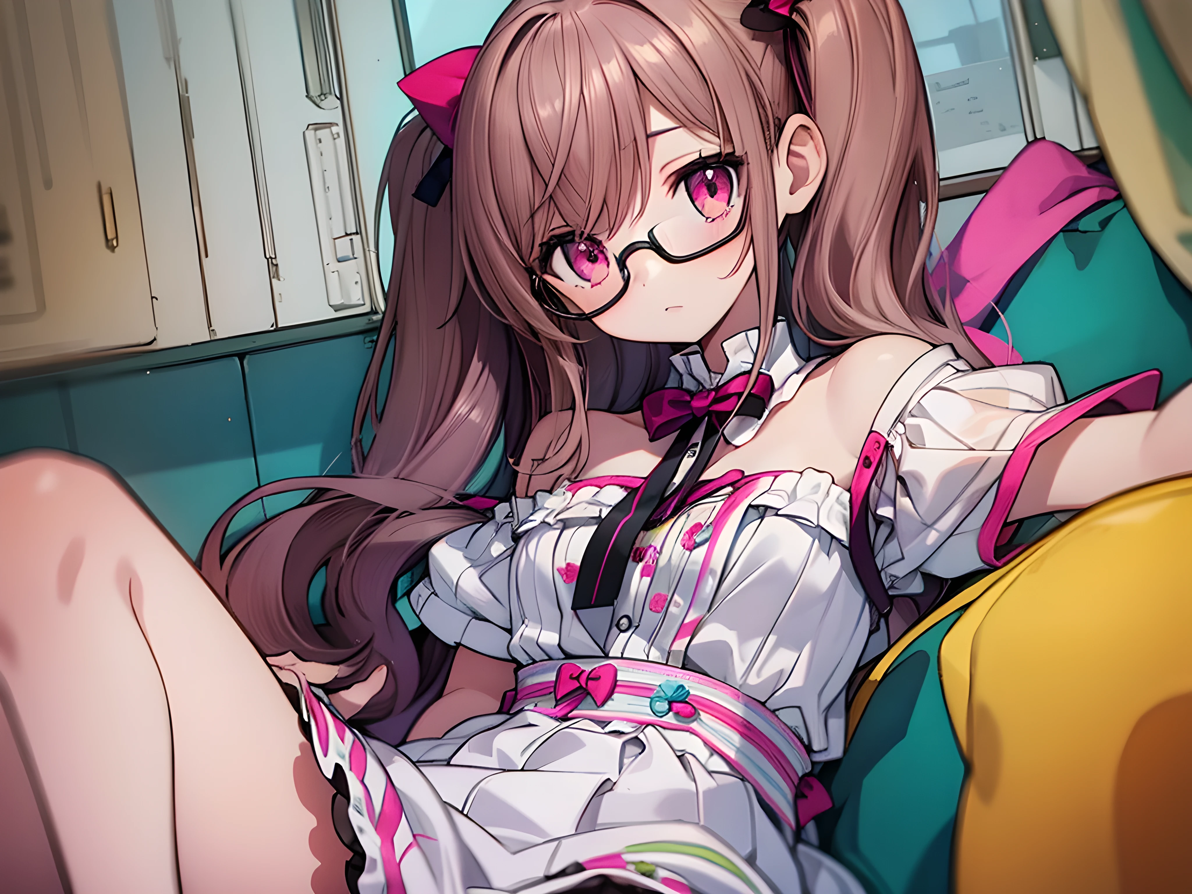 1girl, solo, wearing glasses, sitting, in colorful bedroom, cowboy shot, cute frilled crothes, white skirt, thighs, legs up, parted lips,
(cute girl, pink eyes, cute eyes, pink ribbon, light brown hair, very long thick twintails, bangs between eyes, small breasts),
(masterpiece, best quality, very aesthetic, ultra detailed), intricate details,