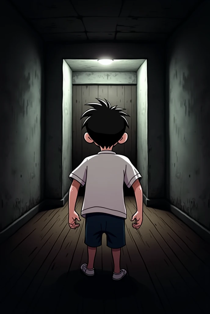 scared boy with his back turned with a surprised pose, He is in front of a wall (It's a dead end). (animated)