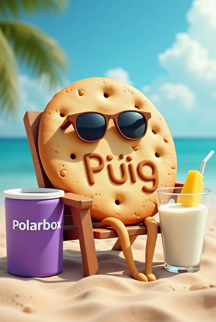 A super thin cookie sitting on the beach in a chair, The cookie has baked in letters says Puig, It is a thin cookie with little holes and a decorated baked circle., the cookie has sunglasses, There is a glass of milk next to him, The glass of milk is decorated with pineapple pieces, and has a purple cooler or cooler next to it and has polarbox written in white letters