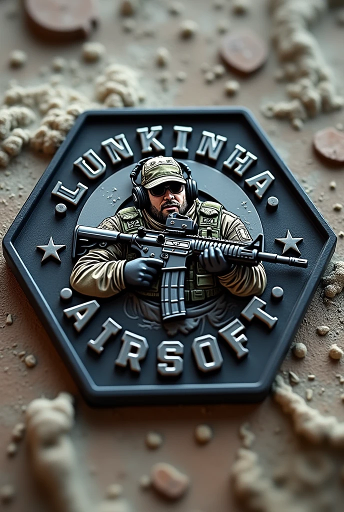 Create Hexagonal Rubber Patch, military coat of arms with an operator carrying an m4 rifle wearing a cap and headphones in the center and the name Lukinha Airsoft