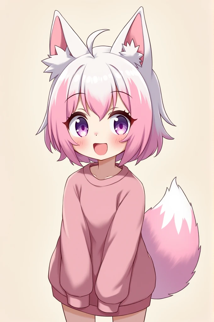 Chico anime furry, with purple eyes, short white and pink hair, sweatshirt and with a big smile