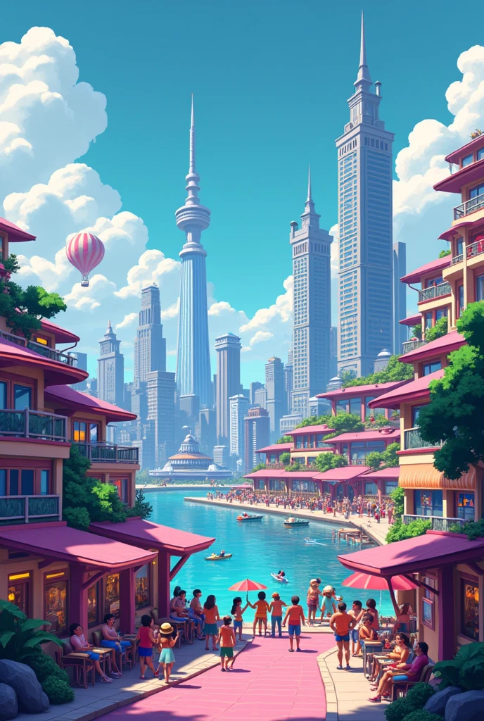 pixel art tourist destination landscape. natta. 3d pixel art wallpaper 4k. Incredible pixel art details. pixel art. vapor waves. Detailed unreal engine pixel art 1980x1980