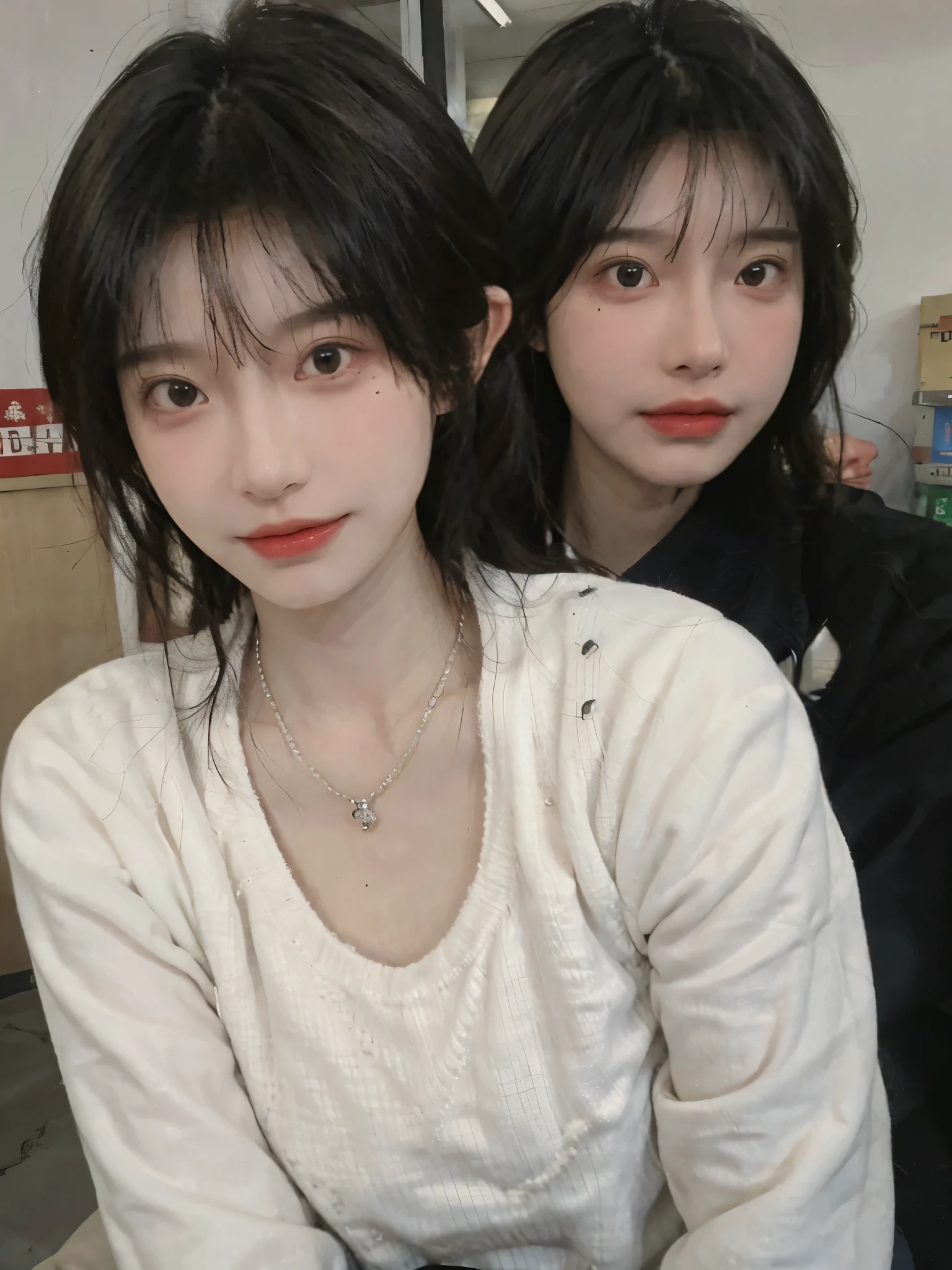 Best quality，Ultra-high resolution,(Realism:1.4)，cute，cute发夹，girll,Cropped black sweater，Look directly at the audience，Full of atmosphere，Beautiful woman with a slim figure:1.4，supermarket，whole body，Super delicate face，Exquisite eyes，Double eyelids，necklace