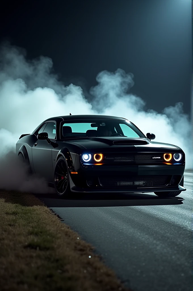 dodge challenger Preto fazendo Burnout a Noite 